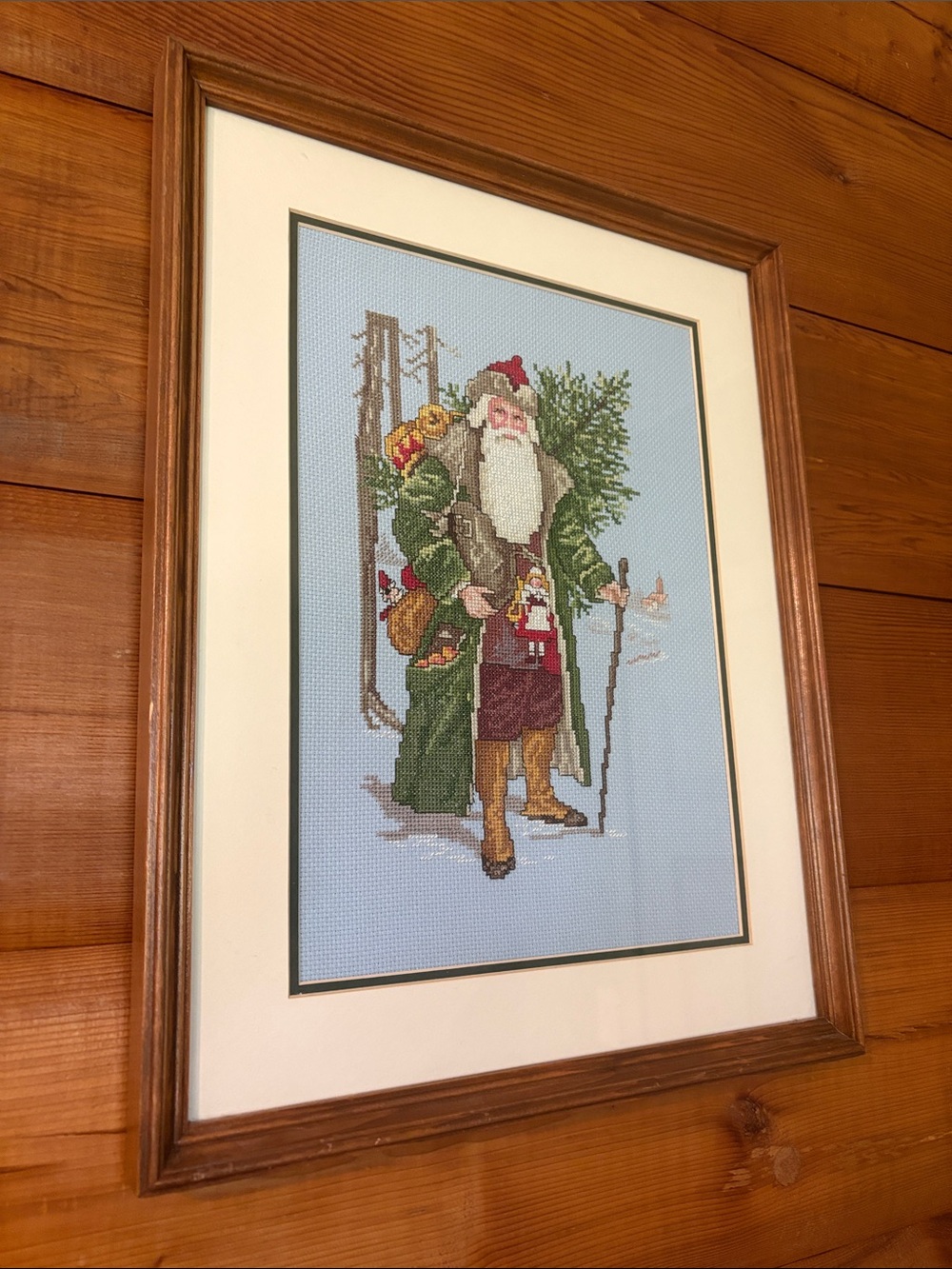1989 Cross Stitched & Framed "Santa Remembered" | Designed by Leisure Arts
